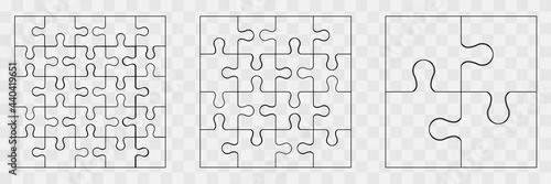Various sizes puzzle set.Puzzle pieces assembled together in square patterns of different sizes.Set of white puzzle pieces on transparent background.Vector illustration