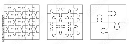 Various sizes puzzle set.Puzzle pieces assembled together in square patterns of different sizes.Set of white puzzle pieces on white background.Vector illustration