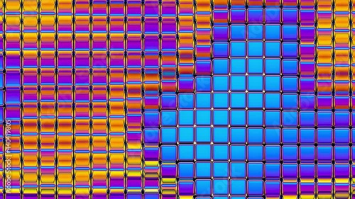Rows of rainbow metal cubes slowly turn over. Seamless loop.
