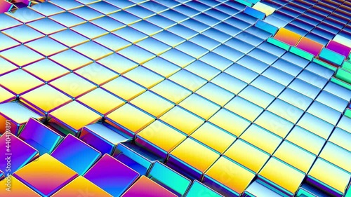 The camera looks from the side to a beautiful cube screensaver, where rainbow metal cubes rotate in rows. Seamless loop.