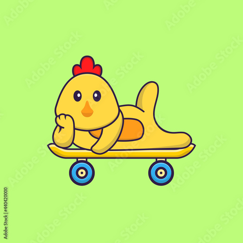 Cute chicken lying on a skateboard. Animal cartoon concept isolated. Can used for t-shirt, greeting card, invitation card or mascot. Flat Cartoon Style