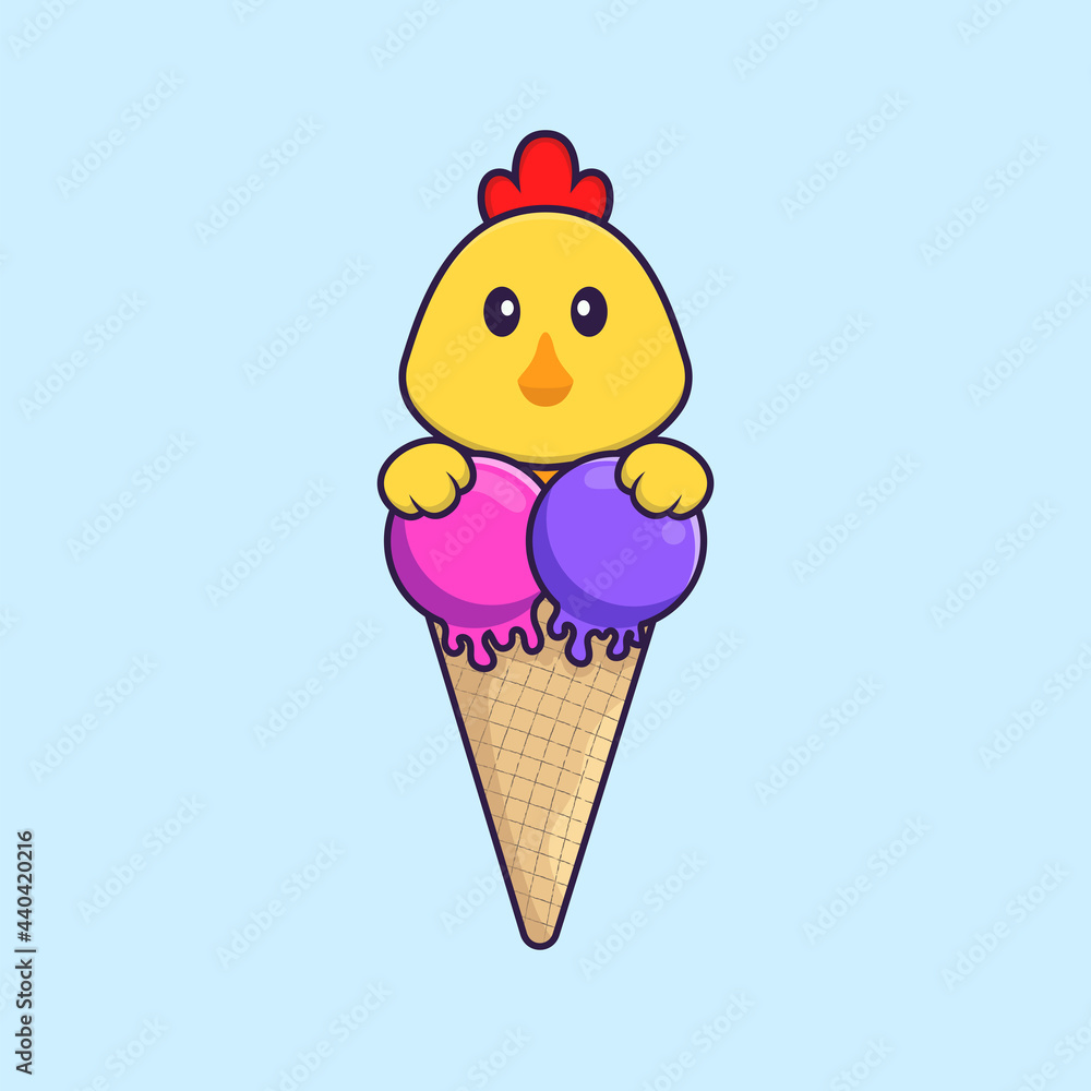 Cute chicken with sweet ice cream. Animal cartoon concept isolated. Can used for t-shirt, greeting card, invitation card or mascot. Flat Cartoon Style Cute chicken with sweet ice cream. Animal cartoon concept isolated. Can used for t-shirt, greeting card, invitation card or mascot. Flat Cartoon Style