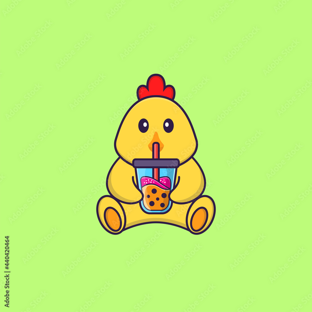 Cute chicken Drinking Boba milk tea. Animal cartoon concept isolated. Can used for t-shirt, greeting card, invitation card or mascot. Flat Cartoon Style