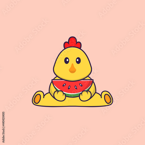 Cute chicken eating watermelon. Animal cartoon concept isolated. Can used for t-shirt, greeting card, invitation card or mascot. Flat Cartoon Style