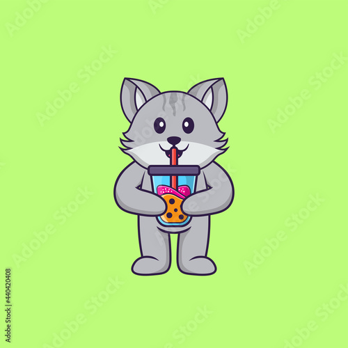 Cute cat Drinking Boba milk tea. Animal cartoon concept isolated. Can used for t-shirt, greeting card, invitation card or mascot. Flat Cartoon Style