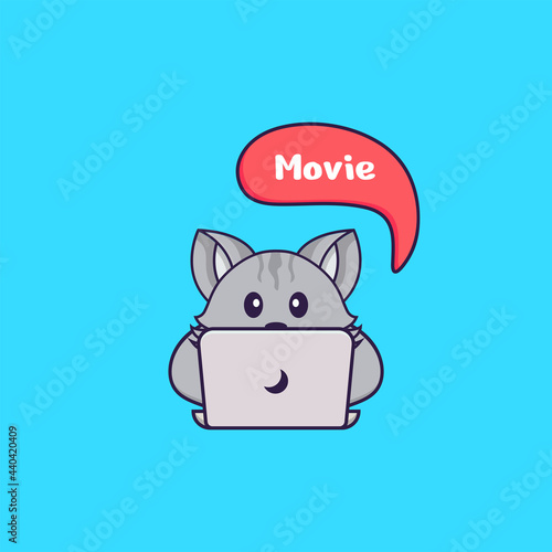 Cute cat is watching a movie. Animal cartoon concept isolated. Can used for t-shirt, greeting card, invitation card or mascot. Flat Cartoon Style