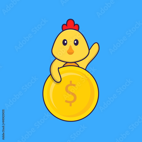 Cute chicken holding coin. Animal cartoon concept isolated. Can used for t-shirt, greeting card, invitation card or mascot. Flat Cartoon Style