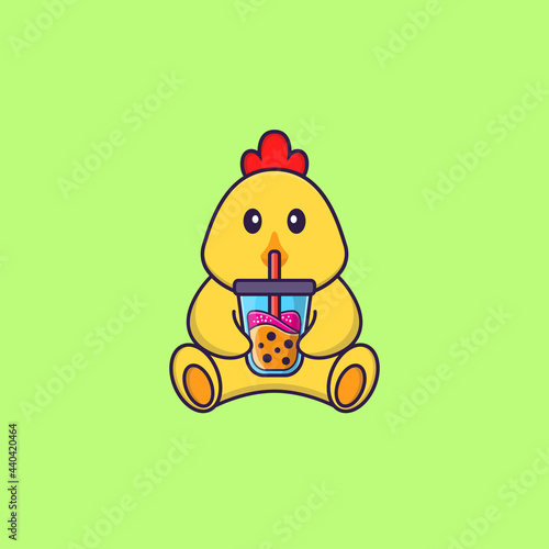 Cute chicken Drinking Boba milk tea. Animal cartoon concept isolated. Can used for t-shirt  greeting card  invitation card or mascot. Flat Cartoon Style