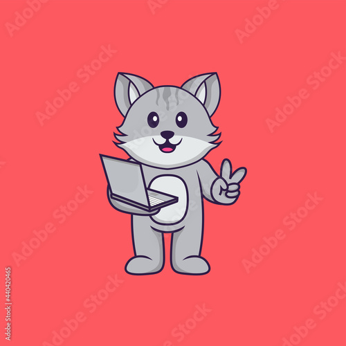 Cute cat holding laptop. Animal cartoon concept isolated. Can used for t-shirt, greeting card, invitation card or mascot. Flat Cartoon Style