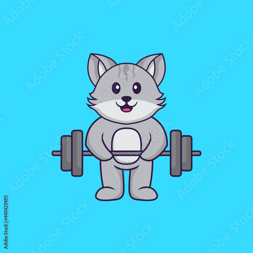 Cute cat lifts the barbell. Animal cartoon concept isolated. Can used for t-shirt, greeting card, invitation card or mascot. Flat Cartoon Style