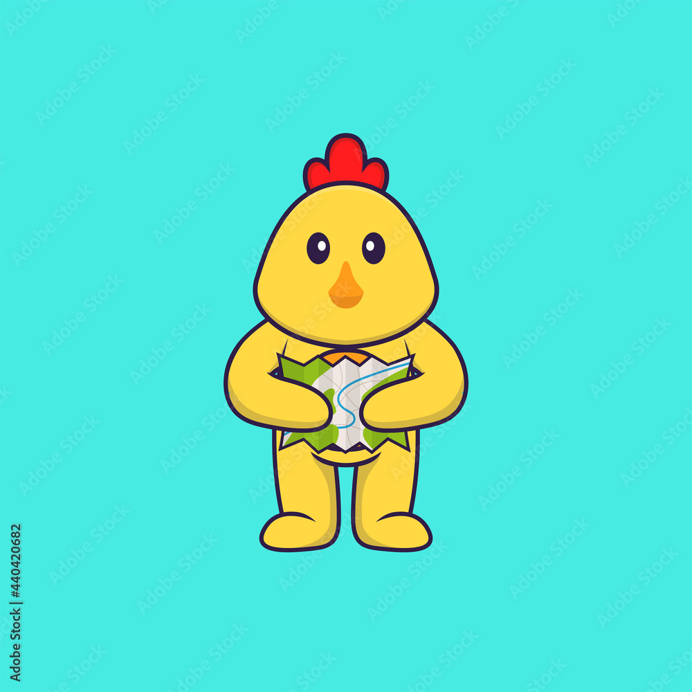 Cute chicken holding a map. Animal cartoon concept isolated. Can used for t-shirt, greeting card, invitation card or mascot. Flat Cartoon Style
