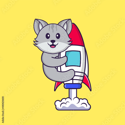 Cute cat flying on rocket. Animal cartoon concept isolated. Can used for t-shirt, greeting card, invitation card or mascot. Flat Cartoon Style