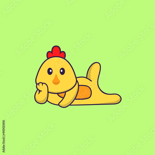 Cute chicken lying down. Animal cartoon concept isolated. Can used for t-shirt, greeting card, invitation card or mascot. Flat Cartoon Style