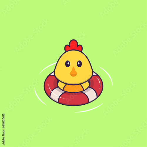 Cute chicken is Swimming with a buoy. Animal cartoon concept isolated. Can used for t-shirt, greeting card, invitation card or mascot. Flat Cartoon Style