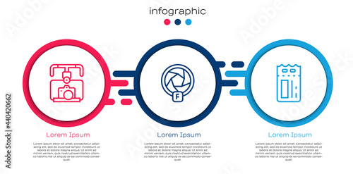 Set line Gimbal stabilizer with camera, Camera shutter and Cinema ticket. Business infographic template. Vector