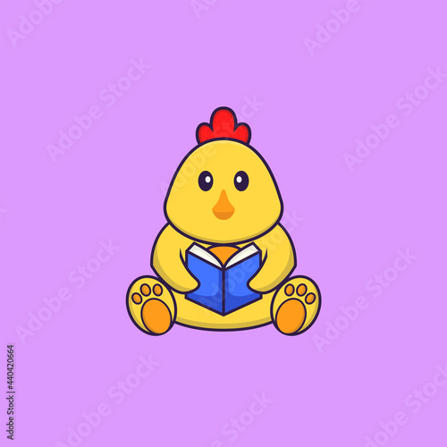 Cute chicken reading a book. Animal cartoon concept isolated. Can used for t-shirt, greeting card, invitation card or mascot. Flat Cartoon Style