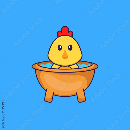 Cute chicken taking a bath in the bathtub. Animal cartoon concept isolated. Can used for t-shirt, greeting card, invitation card or mascot. Flat Cartoon Style