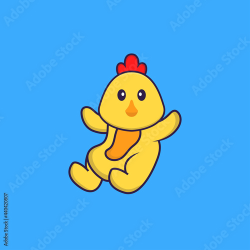 Cute chicken is flying. Animal cartoon concept isolated. Can used for t-shirt, greeting card, invitation card or mascot. Flat Cartoon Style