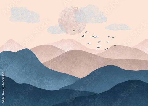 Grunge watercolor illustration of blue-pink mountains. Abstract background of nature. Landscape for prints, packaging design © Kler