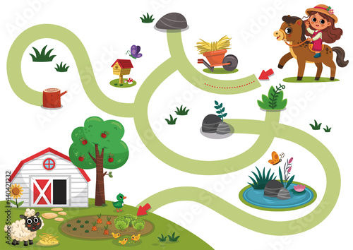 Educational maze game for preschool children with farm theme. Cartoon Vector illustration.

