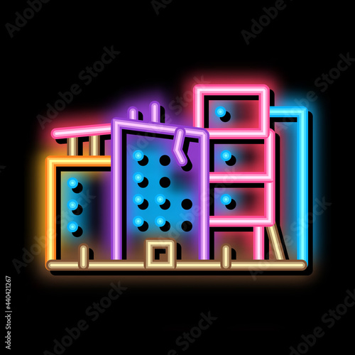 destroyed high-rise buildings neon light sign vector. Glowing bright icon destroyed high-rise buildings sign. transparent symbol illustration