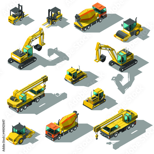 Set Abstract Collection Isometric 3D Construction Building Transport Car Crane Rink Excavator Concrete Mixer Forklift Truck Vector Design Style
