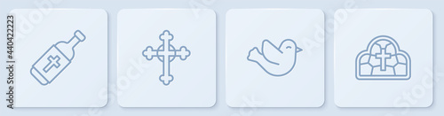 Set line Holy water bottle, Dove, Christian cross and Stained glass. White square button. Vector