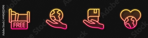 Set line Book donation, Free overnight stay house, Hand holding Earth globe and The heart world - love. Glowing neon icon. Vector