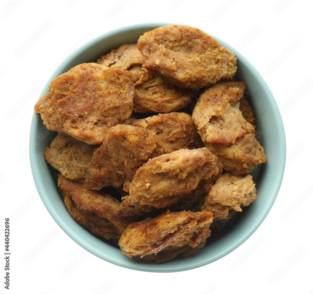 Delicious cooked soy meat in bowl on white background, top view Delicious cooked soy meat in bowl on white background, top view