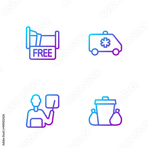 Set line Trash can, Teacher, Free overnight stay house and Emergency car. Gradient color icons. Vector