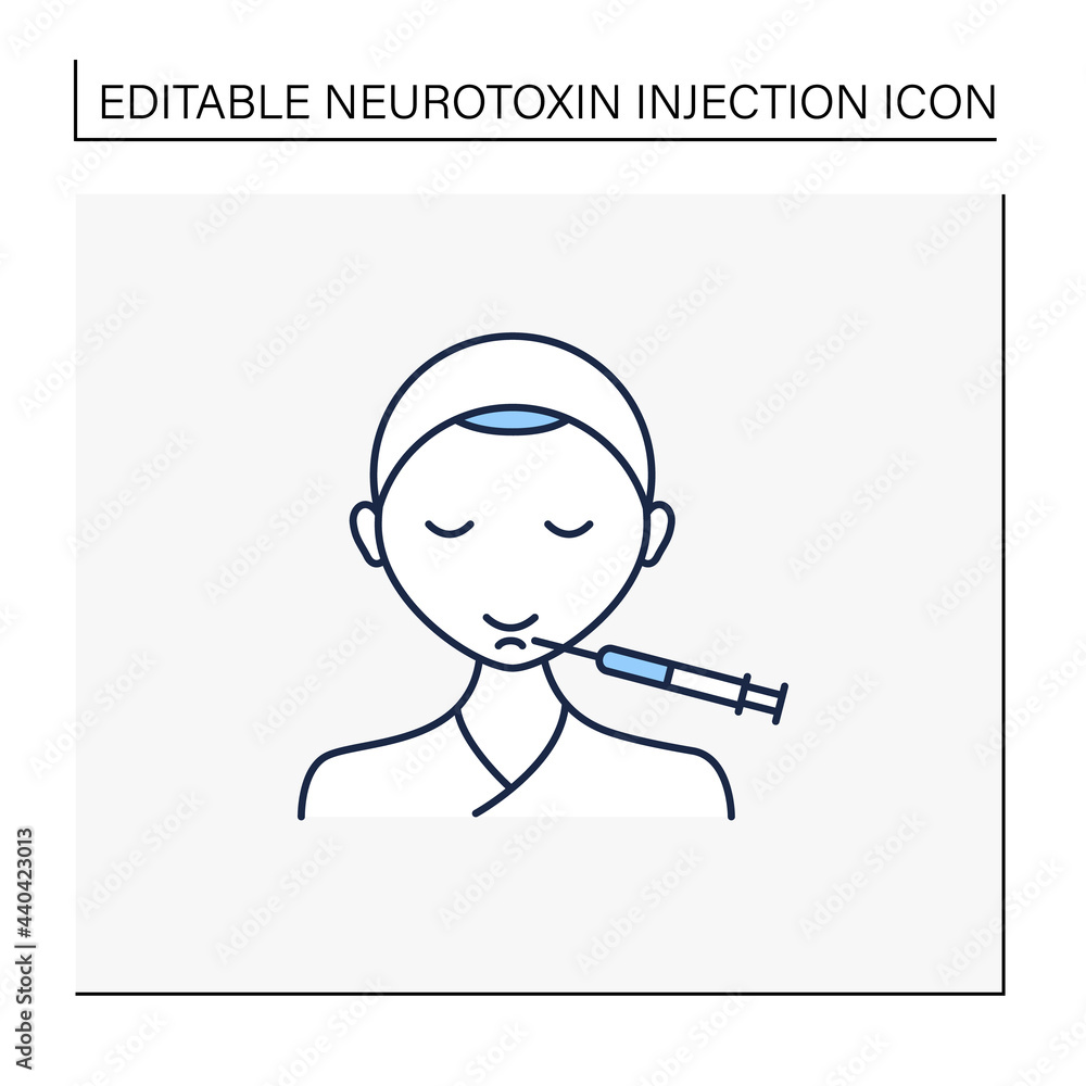 Cosmetic injection line icon.Injection in chin. Lifting.Rejuvenation. Full syringe. Beauty cosmetic procedure concept.Isolated vector illustration.Editable stroke Cosmetic injection line icon.Injection in chin. Lifting.Rejuvenation. Full syringe. Beauty cosmetic procedure concept.Isolated vector illustration.Editable stroke