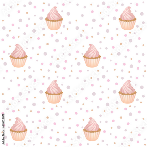 Seamless vector pattern in pastel colores. Cupcakes with pink whipped cream, surrounded by colorful dots of different sizes