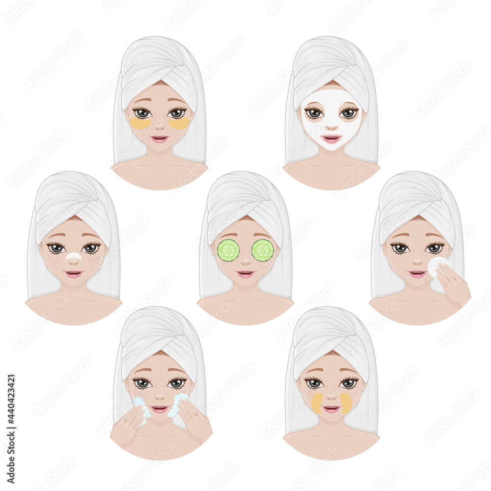 Collection of womens faces with different ways of skin care and cleaning. Beauty treatments. Vector illustration. Isolated on white. Cartoon style. Collection of womens faces with different ways of skin care and cleaning. Beauty treatments. Vector illustration. Isolated on white. Cartoon style.