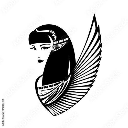 beautiful young goddess head and bird wing - ancient Egyptian beauty black and white vector portrait photo