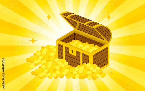 金貨の詰まった宝箱　キラキラの集中線背景