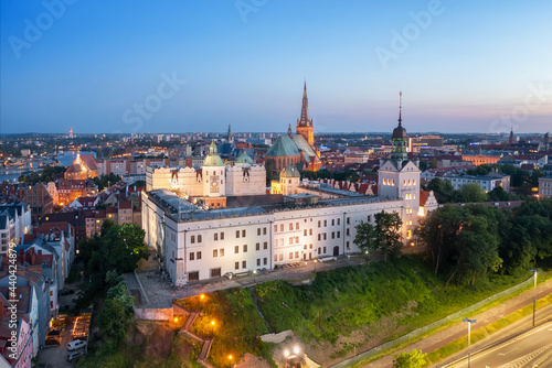 Szczecin, Poland. Aerial view of historic Pomeranian Dukes Castle at dusk