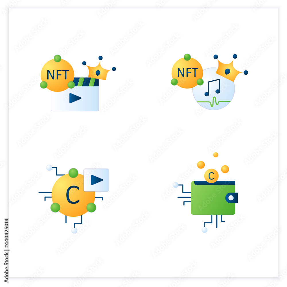 NFT flat icons set.Cryptomedia. Non fungible tokens cryptocurrency wallet, music, video clip.Unique digital assets.3d vector illustrations