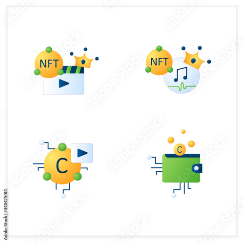 NFT flat icons set.Cryptomedia. Non fungible tokens cryptocurrency wallet, music, video clip.Unique digital assets.3d vector illustrations