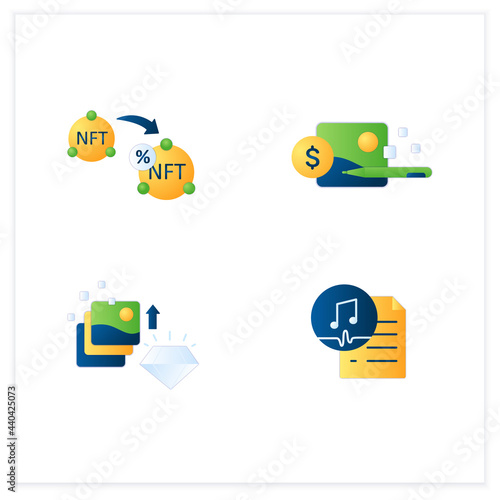 NFT flat icons set.Non fungible tokens resale, digital receipt, work ownership.Unique digital assets.3d vector illustrations