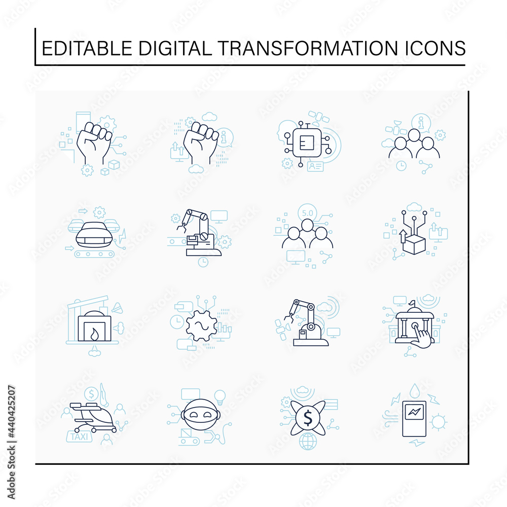 Digital transformation line icons set. Modern technologies. Digitalization. Future. Digital revolution concept. Isolated vector illustrations. Editable stroke