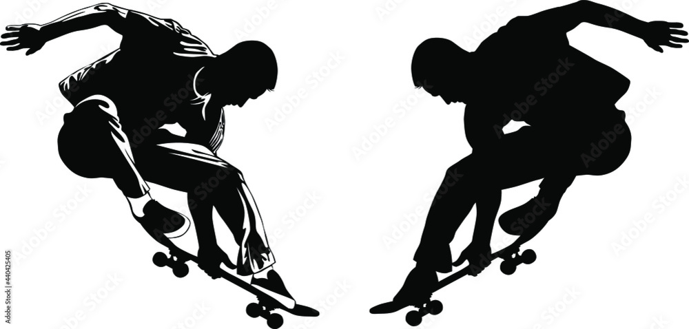 Silhouette of a young man performing a trick on a skateboard vector illustration Silhouette of a young man performing a trick on a skateboard vector illustration