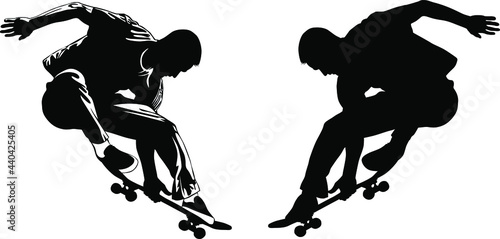 Silhouette of a young man performing a trick on a skateboard vector illustration