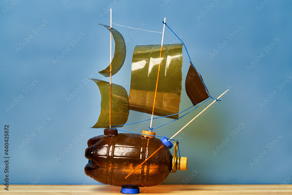 Toy ship made of a plastic bottle. Recycle crafts.