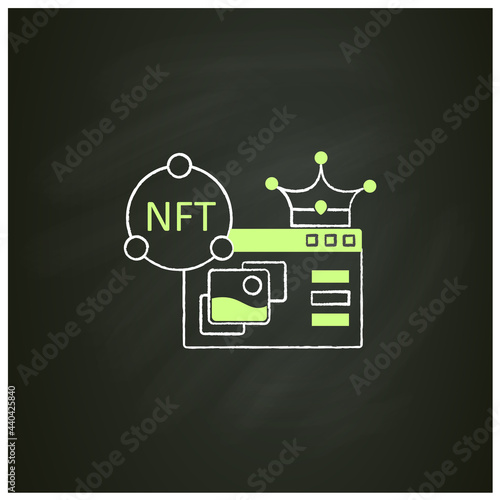 NFT supermarket chalk icon.Ability to buy non fungible tokens. Unique digital assets market. Assets exist in their own cryptosystems.Cryptocurrency concept. Isolated vector illustration on chalkboard
