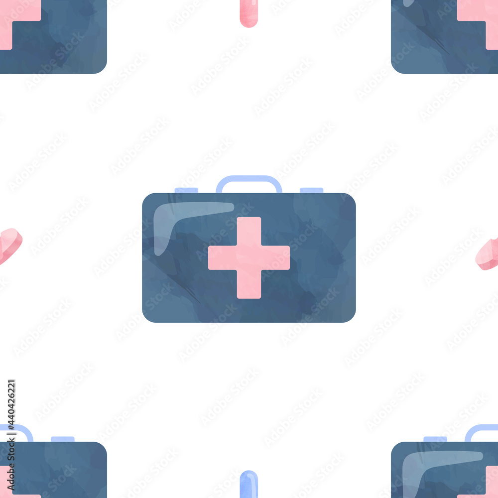 Obraz premium Watercolor seamless pattern first aid kit health medical cliparts, healthcare clipart, medical illustration, doctor cliparts, quarantine clipart
