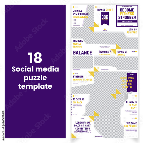 Set of editable social media instagram puzzle workout, gym, yoga, fitness with yellow and purple design vector template ai & eps10