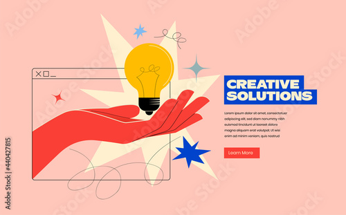 Creative solutions or ideas web banner design or landing page template for creative agency with hand comes out of the screen with light bulb and colorful abstract geometric shapes. Vector illustration photo