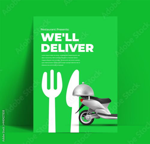 Food delivery flyer or banner or poster design template for restaurant or cafe with delivery scooter and typographic on green background. Vector illustration