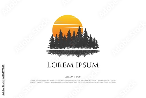 Sunset Sunrise Pine Cedar Spruce Conifer Larch Cypress Evergreen Fir Trees Forest with Lake River Creek Logo Design Vector