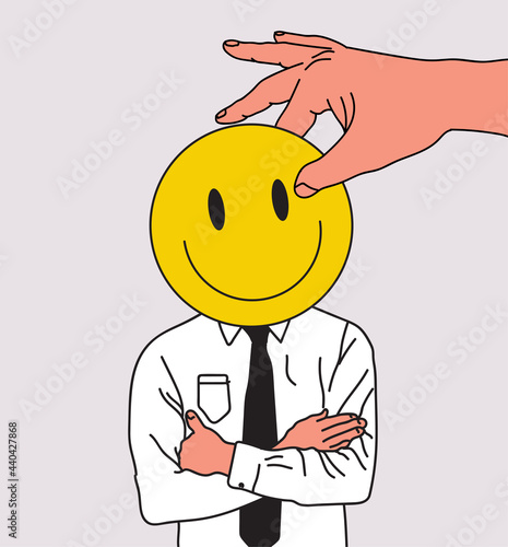 Hypocrisy or lie or fraud,  and insincerity concept illustration with salesman or businessman or office clerk with smiled emoji instead head. Vector illustration